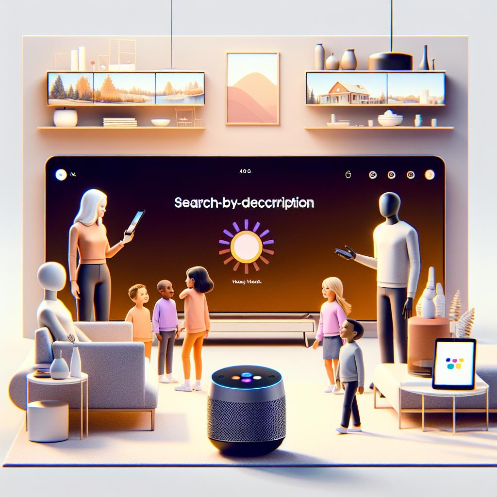 This image captures a scene in the style of 2D vector art with a corporate, flat aesthetic, set in a modern living room. In the center sits a sleek, contemporary Samsung TV, displaying the new search-by-description interface. On one side, a tablet with the virtual assistant Bixby visible is placed on a sleek glass table. A diverse family, yes, a Caucasian mother, a Black father, a Middle-Eastern boy, and a South-Asian girl, gathers around, enthusiastically interacting with this fresh technology. The room is bathed in a warm, welcoming light which suggests an atmosphere both homely and cutting-edge. The clean, untextured white background accentuates the family and technological elements.