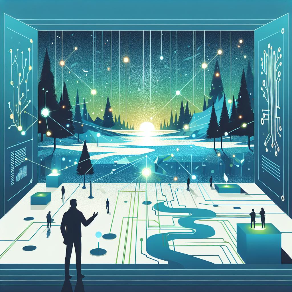 Create an image capturing a moment from the podcast 'Boz To The Future'. In the scene, an unnamed technology expert is seen in an interactive environment filled with visual projections that communicate the merger of art and artificial intelligence. The style is flat, corporate, and vector-based. In the void of the white, texture-less background, there are projections of trees and forests, symbolising the project's focus on nature data. Illuminated paths, representing the journey of discovery through technology, traverse the scene. Circuit elements reinforce the idea of the fusion between art and technology. The color palette is made up of tranquil blues and greens, reminiscent of nature, and silhouettes of people observing suggest public interaction with the artwork. The perspective is 2D and linear.