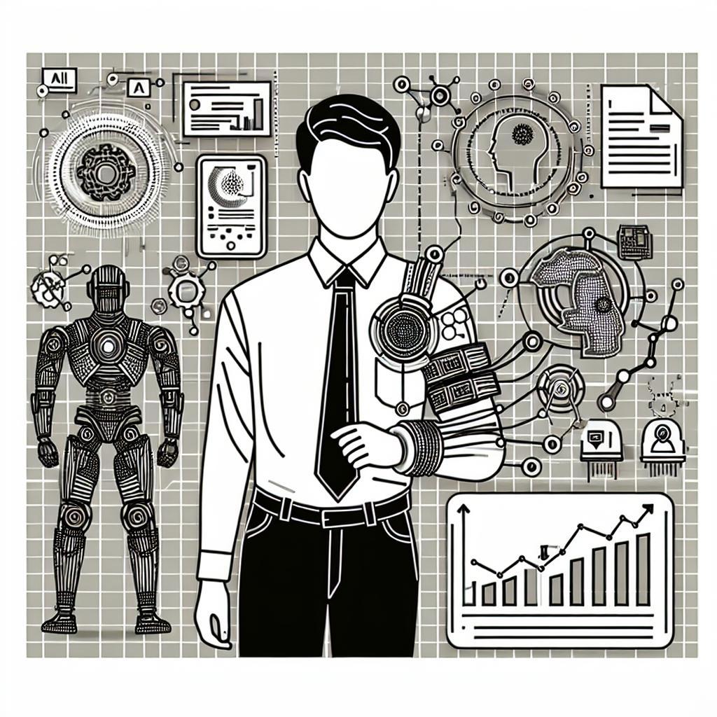 Depict a 2D linear, vector-style corporate image on a white, textureless background. Illustrate a South Asian frontline worker wearing innovative technology devices equipped with AI, commanding a symbiotic interaction between humans and machines in a professional setting. Insert elements such as wearable technology, symbolizing the technological innovation being applied in the workplace. Add robots representing the automation being integrated into human processes. Also, incorporate performance charts demonstrating the operational improvements and efficiency brought about by AI.