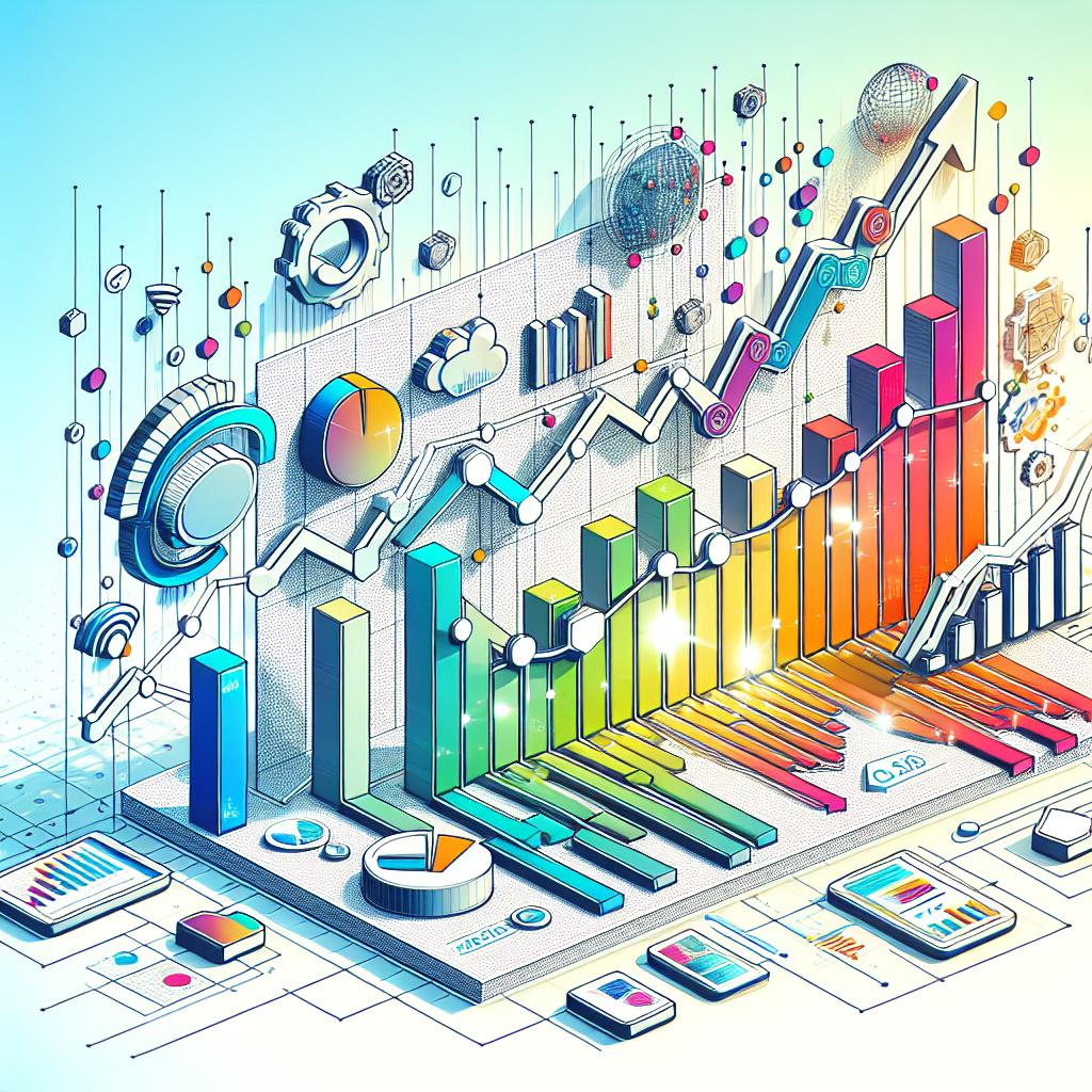 Create an illustration in a 2D, linear perspective with a white, textureless background. The image should show a bright, vibrant chart, symbolizing the stable performance of a large digital company in the third quarter of 2024. This chart demonstrates a strategic focus on revenue growth and enhancement of AI capabilities, despite a slight dip in revenues. Along with the chart, include some flat vector-style technology icons, representing innovation. The overall style of the picture should be corporate. Use vibrant colors to symbolize growth and dynamism.