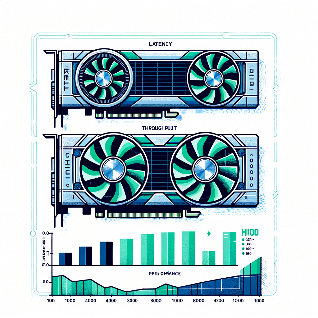 A comparative illustration of the NVIDIA H100 and A100 GPUs, featuring the key improvements in latency and throughput. The illustration is vector-based, with a flat, corporate visual style. It's set against a texture-less white background, and uses a 2D, linear perspective. Additional elements to be present are: a bar chart comparing the latency between the H100 and A100; a line chart comparing the throughput between the H100 and A100; visual representations of the H100 and A100 GPUs as icons; a color palette that incorporates shades of blue and green to symbolize technology and innovation; text that summarizes the main performance statistics.