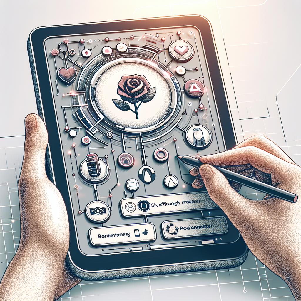 Picture a 2D, linear perspective image of the Rosebud AI interface being displayed on a digital device. The style of this interface is flat and corporative, with the image set against a white and textureless background. Key features visible are a control panel symbolizing straightforward creation, running code illustrating technological innovation, a user interacting to show the platform's accessibility, and various graphic elements of applications indicating the scope for creativity and personalization. All of this reflects the essence of Rosebud AI, a groundbreaking platform launched in 2025 that allows for the quick creation of apps, games, and websites without the need for programming knowledge.