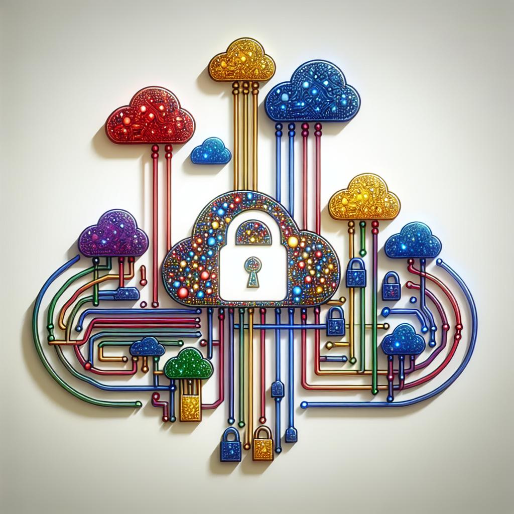 Picture a clean 2D vector-style image set against a white, texture-less backdrop. In the foreground, we see an intricate network of brihtly-colored electronic circuits, representing the AI technology. These circuits interweave with an array of vibrant clouds, symbolizing Google Cloud infrastructure. Interlaced throughout this network, we see stylized padlocks of varying sizes, signifying data security. The overall tone is corporate and professional, befitting the 2025 AI Protection initiative announcement. The image embodies the concept of interplay between AI, security, and cloud computing.