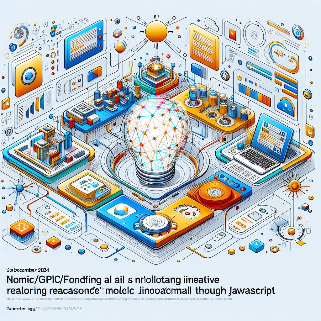 Create an image depicting the launch of Nomic/GPT4ALL's innovative reasoning model using JavaScript, dated 23rd December 2024. The image should be in 2D linear perspective with an untextured white background, and incorporate a corporate, flat, vector style. Emphasize vibrant colors to symbolize innovation and technology. The center of the image should feature an interactive user interface with graphical representations of AI reasoning models. This demonstrates the technology's practical application through JavaScript. There should also be AI-related graphics and icons as well as explanatory text to put the innovation into context.