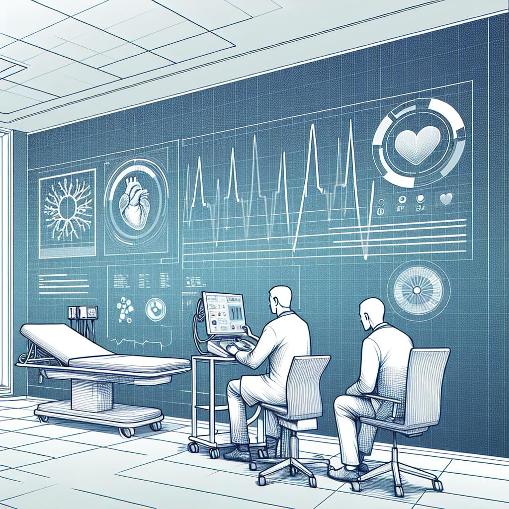 Imagine a striking image in a flat, vector-based corporate style, depicted in a 2D, linear perspective. The background of the image is clean and white, devoid of any texture. In this compelling visual, we're privy to a hospital setting where an interaction between a physician and a patient is taking place. The physician, proficiently yet caringly, is using a modern health monitoring device which has been integrated with artificial intelligence technology to diagnose cardiac diseases. To signify the real-time data analysis facilitated by said technology, include elements of data charts and graphs in the scene.