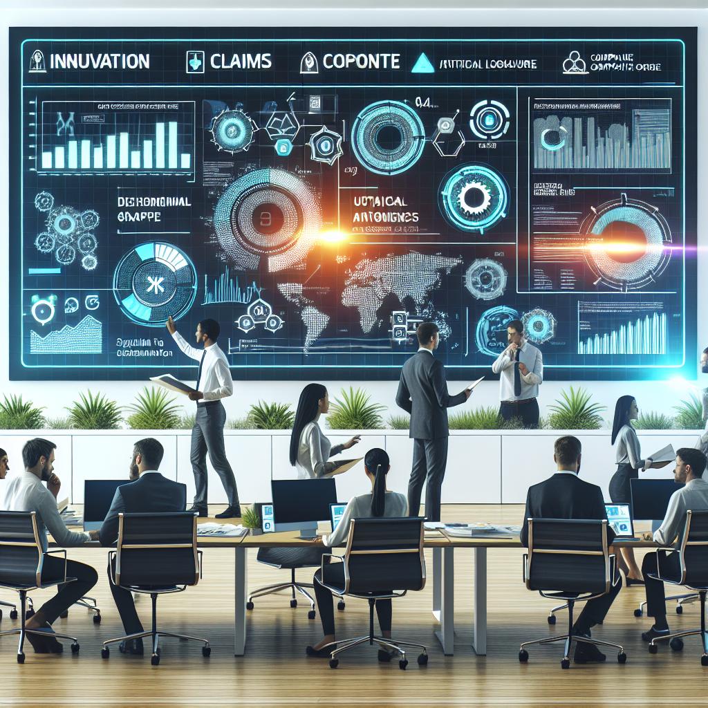 Generate an image in a modern office setting where individuals are interacting with digital screens that display charts and data related to claims, symbolizing automation and the use of artificial intelligence in the insurance sector. The design style should be 2D and linear, with a flat, corporate vector style. The environment should be on a white and texture-less background. High-definition graphs symbolize efficiency and data analysis. People collaborating illustrate the importance of teamwork in the process. Incorporate the logo of a fictional innovative company, suggestive of the company Loadsure, without directly using the exact logo. The modern office ambiance suggests innovation and technology.