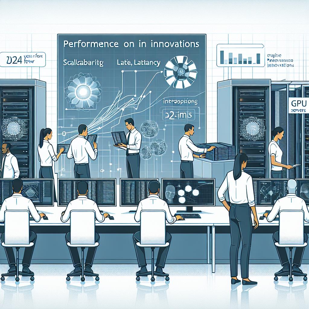Create an illustrative vector-styled image set two years from now, in 2024. The setting is a high-tech workplace where a team of engineers are diligently testing AI models on computer screens, preparing for innovations. The engineers are a mix of racial backgrounds including Caucasian, Asian, and African descent, with a balance of both male and female engineers. In the background, performance graphics symbolize advancements in model optimization, improvements in scalability and latency specifically indicated. Also depicted are GPU servers, alluding to the powerful infrastructure needed for efficient model execution. The image carries a corporate flat look, all set on a clean, untextured white background in a 2D, linear perspective.