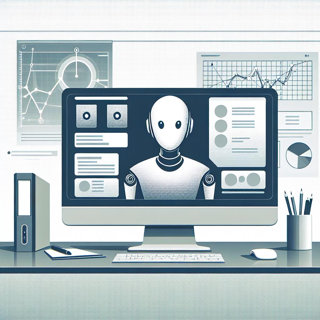 Design a 2-dimensional vector image in a corporate style, set in a modern workspace. The main theme focuses on an artificial intelligence avatar, symbolizing the technology of a large, anonymous tech company. The avatar is designed to reside on the desktop of a computer, aiding users in navigating applications and offering support in various tasks. Behind the avatar, there's a computer screen prominently displaying charts and data, emphasizing the assistant's capacities in assisting tasks. The image background should be plain and white, effortless and untextured.