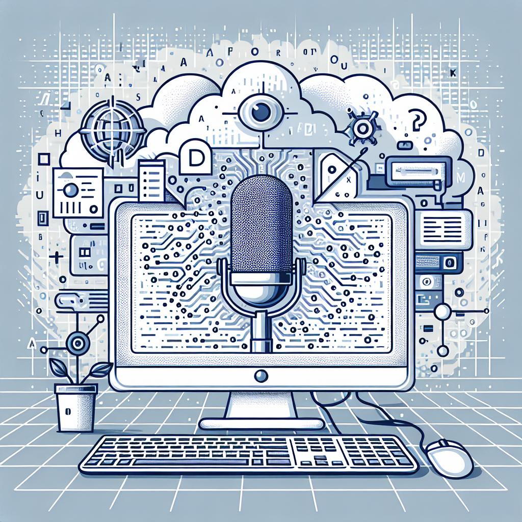 Create a 2D, linear perspective, flat, corporate vector-style illustration on a white, textureless background. The image is centered around depicting the concept of Artificial Intelligence (AI) involved in disinformation operations. Key elements include a computer, signifying the use of technology in manipulating information, and a microphone, symbolizing the generation of artificial voices. The screen of the computer should display codes, algorithms, or other symbolic representations highlighting the complexity of AI. Finally, incorporate a nebulous, haze-like element around the scene, suggesting an atmosphere of uncertainty and disinformation.