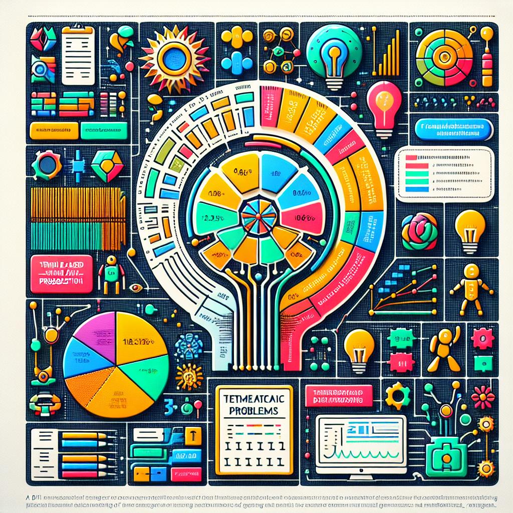 Create a 2D, corporate flat-style image on a textureless white background. The centerpiece is a vibrant, colorful chart demonstrating the quantity of mathematical problems generated by the TemplateGSM. It's an innovative dataset introduced in February 2024, designed to improve language models' mathematical reasoning using the Template-based Data Generation method. Add AI-related icons to represent the technology used. These can include line-drawings of computer chips, neural network diagrams, robots, or bulbs. Include a brief explanatory text that summarizes and highlights the impact and innovativeness of TemplateGSM.