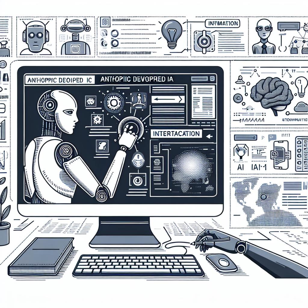 Create a flat, vectorial, corporate-style 2D linear perspective image that illustrates the Anthropic developed IA, Claude, interacting with a computer interface, symbolising the advent of automation and artificial intelligence in the modern era. The background should be white and textureless. Include elements that represent the graphical interface that Claude uses for interaction - think basic computer icons signifying various tasks that Claude can accomplish. Some interaction animations to highlight how Claude interacts with interfaces can also be added. Don't forget to create a futurist background that hints at innovation and advanced technology. In addition, insert some informative text providing data about the AI's capabilities and limitations.