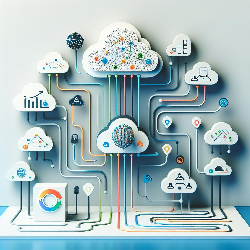Create a 2D, vectorial and flat corporate style image on a plain white background. The image is a graphical representation of the multi-cloud concept, showing multiple clouds that symbolize different cloud providers like AWS, Azure, and Google Cloud. These clouds are interconnected with pathways, which symbolize data integration. Placed prominently in the scene should be an icon representing artificial intelligence to denote enhanced analytical capacity, and a growth chart to signify benefits in terms of efficiency and security. To convey innovation and dynamism, use vibrant colors.