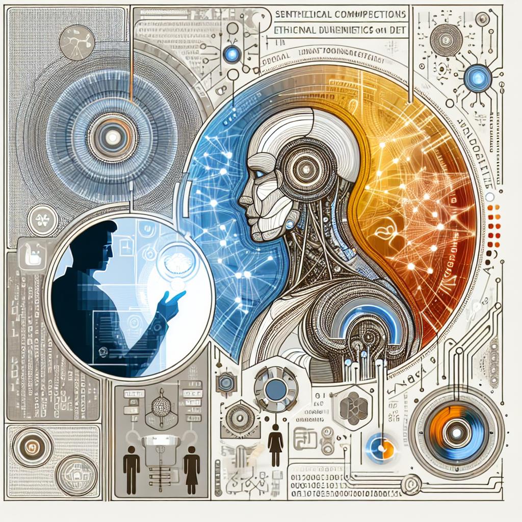 Create an image in flat, corporate, and vector style set in a 2D, linear perspective on a plain white background. The image is depicting the complex relationship between humans and generative AI, where a Caucasian, male figure is interacting with an AI avatar within a digital environment. The background includes symbols that reflect data, codes, and ethical nuances of the technology. Additional elements in the image are a representation of technical complexity through visual codes and data patterns. The image encompasses both cold and warm colors, reflecting the concept of both comfort and discomfort while interacting with AI.