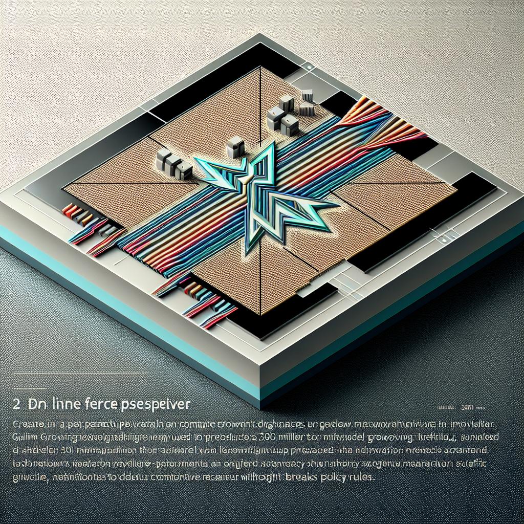 Create a 2D linear perspective vector image that's in a corporate flat style. The image begins with a background devoid of texture in vivid, contrasting colors: a white upper half representing a non-textured backdrop and a dark lower half highlighting technological advancements. On this backdrop, fabricate a detailed rendition of a 300-millimeter silicon wafer, speckled with inversed arrow-shaped grooves. The arrows signify an innovative growth technique used to produce gallium arsenide lasers. The silicon wafer should be colored vividly, with each component clearly accentuated for focus. As an extra feature, incorporate a stylized logo (not related to any pre-existing company) representing scientific research in this area. Include typography that emphasizes the innovative growing technique without naming any specific institution or detail that breaks policy rules.