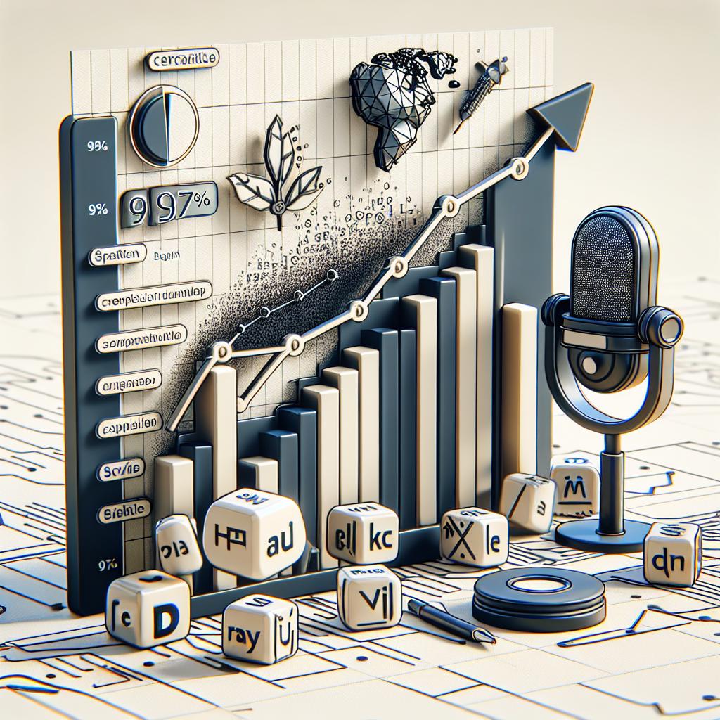 Create a 2D linear perspective image with high corporate and flat vector style. The image must be set against a white and textureless background. The main focus of the image is a comparison graph that showcases the precision of different speech-to-text models. Scribe v1 by ElevenLabs, noted for its superior accuracy of 96.7% in English, must be highlighted among the competitors. Language icons should be scattered across the scene to indicate the linguistic diversity that these models cater to. Additionally, include audio elements within the scene to portray the transcription technology utilized.