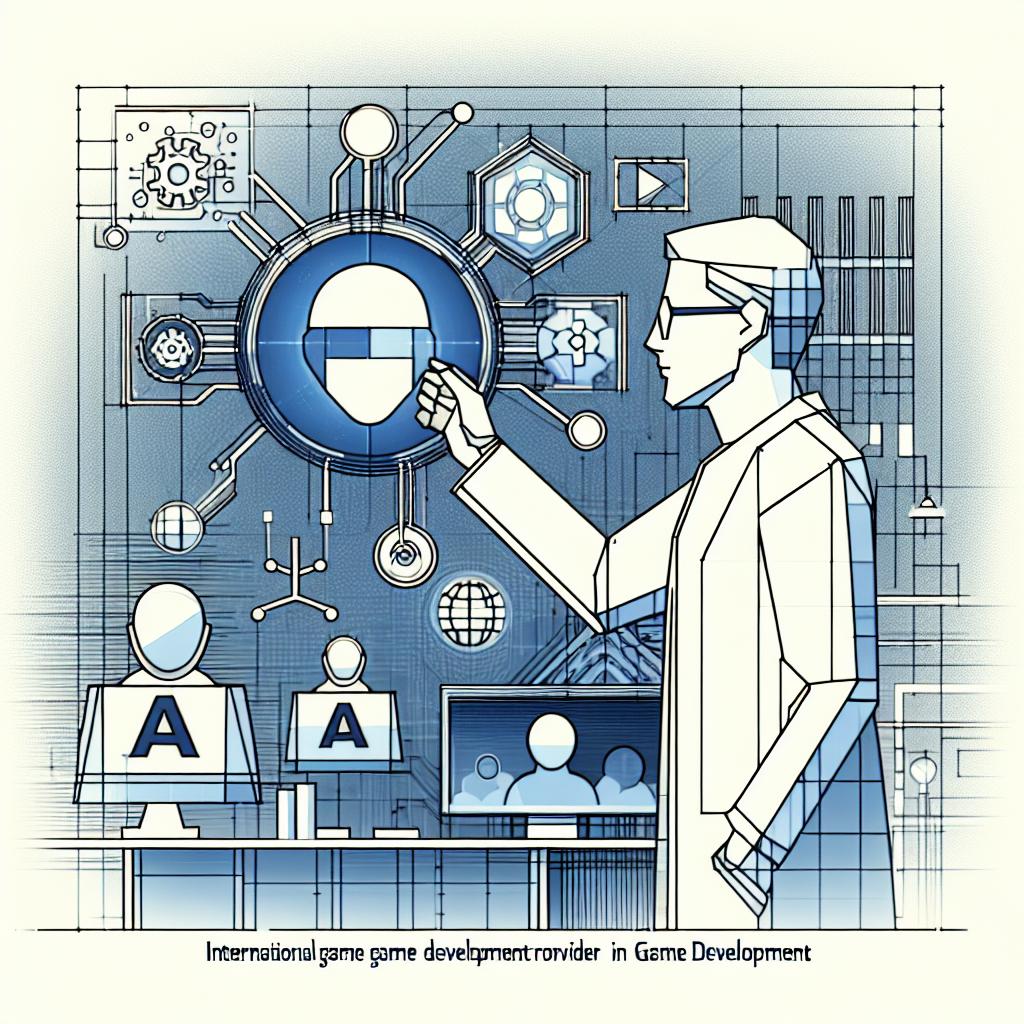 Illustrate a 2D, linear perspective image in a corporate, flat and vector style. The image has a textureless, white background. In the foreground, focus on a central figure who symbolizes a leadership role in AI, but not specifically Stephen Peacock. He is explaining the application of AI in game development. Include a visual context of the game development environment and a logo symbolizing an international game development provider, but not specifically the Keywords Studios logo.
