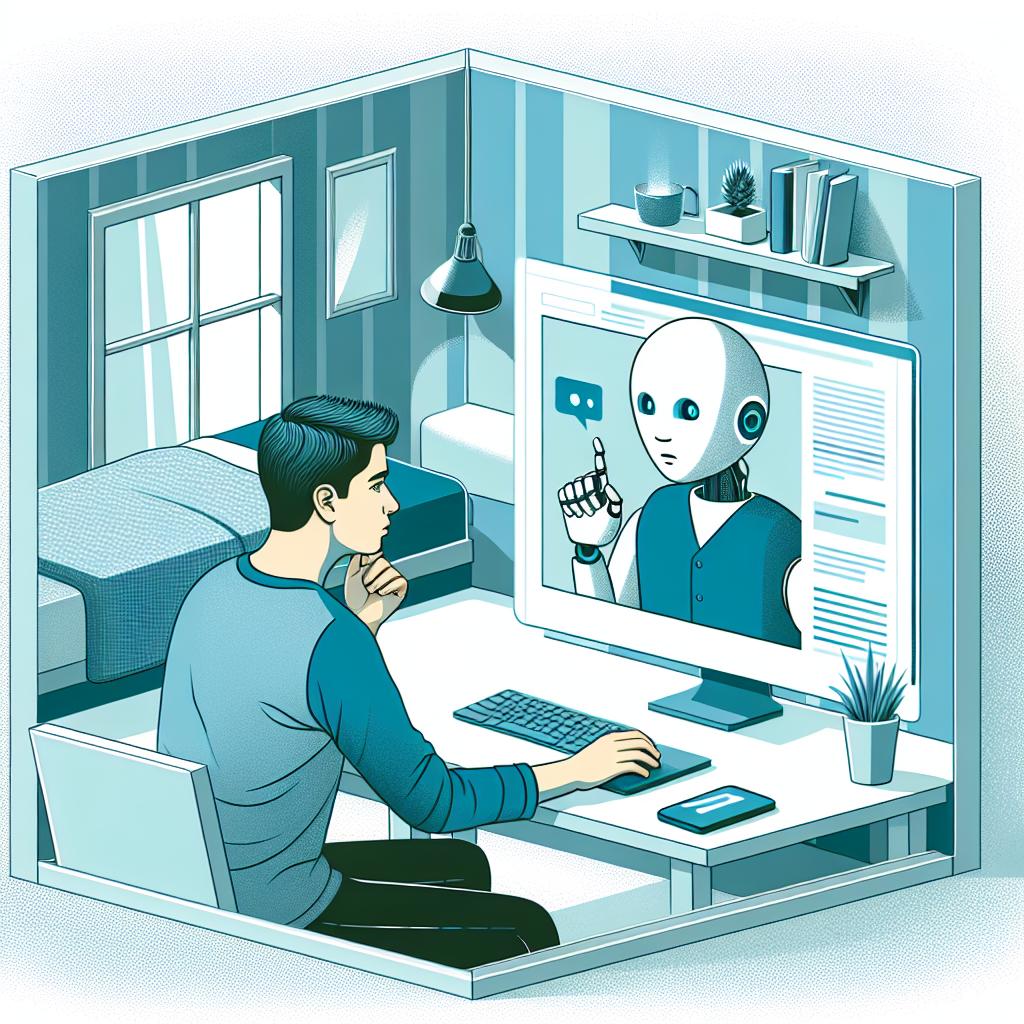 Produce an image symbolizing the impact of AI on youth mental health, where a thoughtful teenage boy of Hispanic descent interacts with a chatbot named 'Dany' within the comfort and privacy of his own room. The room should be 2D, designed in a corporate Flat vectorial style, with a solid, textureless white background. Depict the screen of a computer displaying the chatbot, signifying the crucial connection between technology and emotional well-being. Adopt soft colors with hues of blue and green throughout to convey tranquility and introspection.