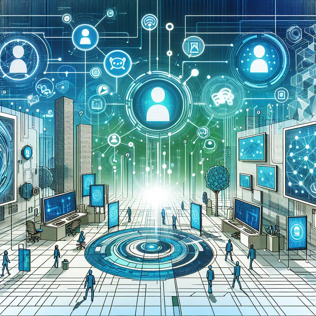 The prompt for the image is a futuristic environment, depicted in a 2D, linear and flat corporate style. The scene includes multiple digital interfaces, representing conversational AI agents, set against a vibrant background that symbolizes innovation and technology. The background of the image is white and texture-less. Additionally, there are symbols of connectivity, visual elements that highlight the interconnection between the agents and the user, strewn across the image. The scene employs a color palette of blues and greens, colors associated with technology and innovation. Lastly, details of the hologram are added to enhance the futuristic vibe of the image.
