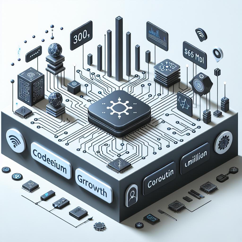 Create a 2D, linear perspective image in a flat, corporate style. The image's background is plain white without any textures. Illustrate the growth of a platform named Codeium, an AI-based development tool, that boasted over 300,000 active developers in early 2024 and announced a $65 million investment round, solidifying its position as a sector leader. Include growth charts to show the increase in developers and technological elements like circuits and programming icons to symbolize AI. Add the logos of partner companies represented as generic corporate logos, avoiding any specific branding or identifiable logos.