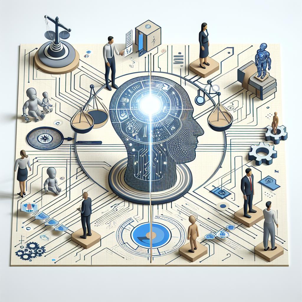 Create a 2D, vector style image in a corporate aesthetic on a white, texture-free background. The central theme of the image is the interaction between a diverse mix of humans and AI. Showcase a digital backdrop, representing the current technological environment. Include symbols of ethics, such as a balanced scale or a compass, to emphasize the importance of principles in AI. Show the human characters and the AI interacting—visualizing a collaboration between the two. Include diverging paths on the image, symbolizing the ethical choices surrounding technology. Finish off with a light illuminating the AI, symbolic of the necessary transparency. Aim to capture the proposal of a new law for robotics addressing modern challenges like deepfakes and disinformation.