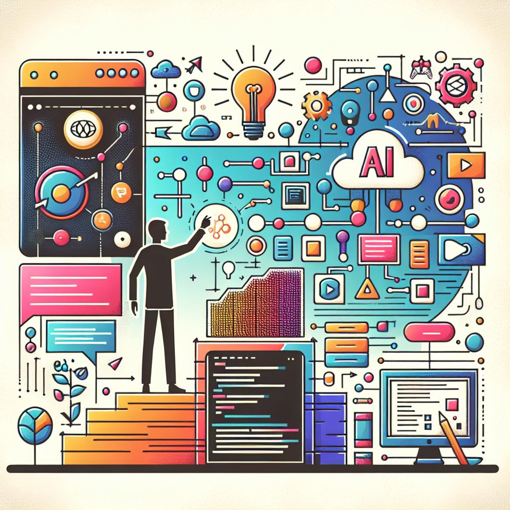 Generate a 2D, vector-style image, utilizing a flat and corporate design approach. Depict a developer using 'Rosebud AI' for no-code web application development, transforming ideas into functional applications aided by artificial intelligence. This is represented by icons symbolizing AI code generation and the creation of visual assets. Also depict a digital user interface to illustrate a collaborative environment. Colors should be vibrant to convey the notion of innovation and creativity. The backdrop should be untextured white, reflecting a clean, modern, and innovative aesthetic.