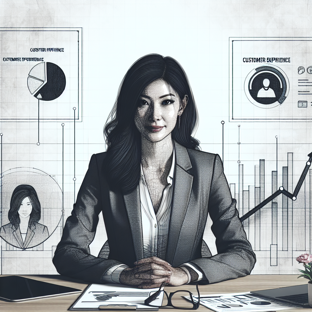An image in a 2D linear perspective showing a woman with an unspecified racial background, hinting at her corporate professional status. She is situated in a texture-less white background, perfectly capturing the flat and corporate style. She is surrounded by customer experience data graphs, signifying her contribution to a tech company. She sits at a conference table, with an open laptop and documents scattered around, representing technology, innovation, planning, and strategy, respectively. The professional environment highlights her strategic role within this setting.