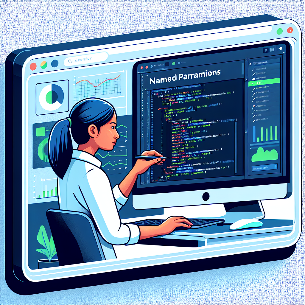 Create a 2D, flat, corporate-style vector illustration on a white, untextured background. Display a South Asian female data analyst focusedly utilizing a computer. The monitor screen prominently showcases the SQL editor interface of Databricks, emphasizing the 'Named Parameters' feature. In the background, highlight real-time data and graphs, symbolizing the efficiency and security the new parameter markers offer. Incorporate blue and green elements throughout the image - colors representing trust and innovation. The computer, an essential tool for analysts, is a notable feature in the foreground.