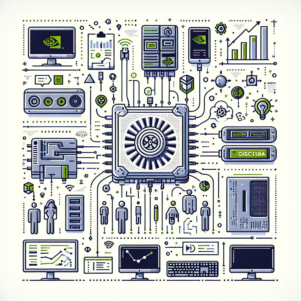 Create a corporate, vector-style, flat illustration representing Nvidia's Nemotron line, its practical applications in agentic AI, and the exhibition of AI devices and interaction interfaces. The composition is on a plain white, textureless background in a 2D linear perspective. Additional elements should include computers symbolising the integration of AI in everyday devices, data charts illustrating model performance analysis, icons of collaboration representing teamwork amongst different AI agents, and electric circuits signifying the underlying technology that supports AI.