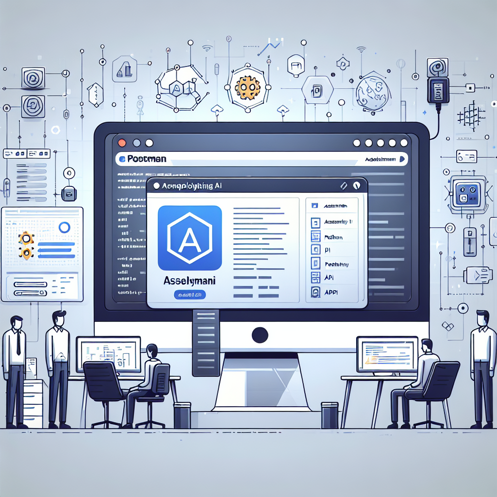 Visualize a flat, corporate, and vector-style image set in a 2D, linear perspective. The focus is on a computer that represents a development environment, its screen displaying the interface of Postman highlighting the new API collection from AssemblyAI. The background features elements representing technology, including codes and graphs signifying innovation and collaboration. Additionally, illustrate a team of software developers of varying descents and genders, emphasizing the collaborative aspect of the tool. The logo for both AssemblyAI and Postman strengthen the notion of partnership between the two platforms. Set this scene on a plain, untextured white background.