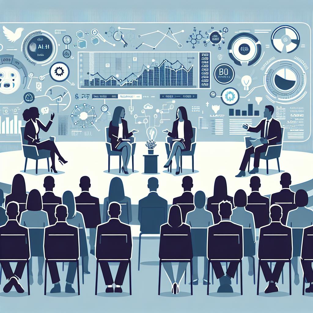 Create an image in a flat, corporate vector style on a 2-dimensional, untextured white background. The image is set at a financial event, emphasizing the intersection between technology and investment. There are speakers, who could be a South Asian woman and a Hispanic man, representing the blend of finance and technology. They are engaged in a discussion about the future of Artificial Intelligence in the finance market. In the background or foreground, show charts and data illustrating the performance analysis of an investment fund, symbolizing how technology fuels decision-making in investment. Also, depict an attentive audience, possibly of mixed descents and genders, demonstrating the growing interest in financial technology.
