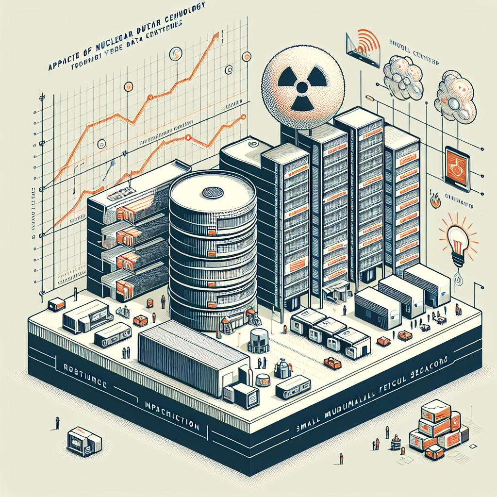 Create a detailed, 2D, lined artwork on a texture-less white background. The image is in a vectorial, corporate flat style. It visually represents the application of nuclear technology in modern data centers, highlighting small modular reactors and their TRISO fuel spheres. Feature elements include a modern datacenter scenario that shows infrastructure dependent on nuclear power. Incorporate growing graphic charts to illustrate the ever-increasing usage of nuclear energy. Display TRISO fuel spheres symbolizing the new technology being put to use. Don't include any people in the image. Remember, it's a corporate, business-like representation.