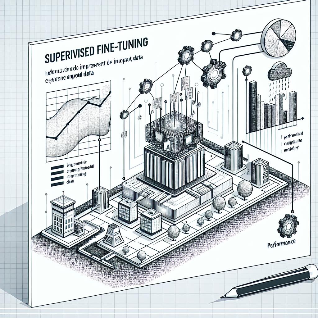 Create a 2D, linear perspective illustration in a Flat, Corporate  vector art style on a white, textureless background. The image should visually represent the concept of Supervised Fine-Tuning. This involves depicting an AI model, symbolizing Gemini, being fine-tuned. The AI model should be shown interacting with annotated data, illustrating the importance of input data. Also, include performance indicators in the scene to highlight the improvements in efficiency. Finally, set all these elements in a digital environment to symbolize the technological context of AI.
