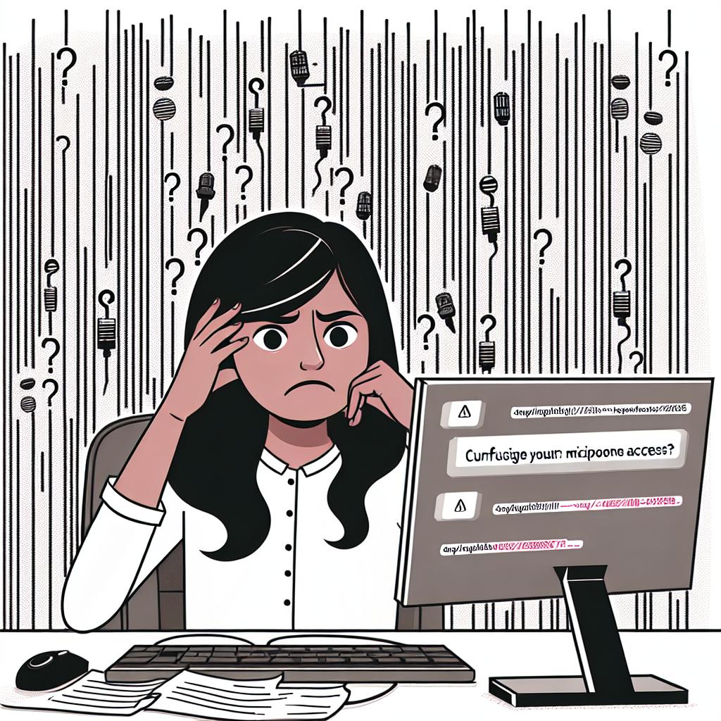 Create a 2D linear perspective, vector-style corporate flat illustration on a white, textureless background. The focus of the image should be a frustrated South Asian female user sitting in front of a computer screen displaying confusing error messages about microphone access. The expression on her face should radiate confusion and disappointment. The backdrop should subtly integrate lines of programming code, symbolizing the intricate complexity of digital systems and reflecting the struggle for accessibility in digital technologies.