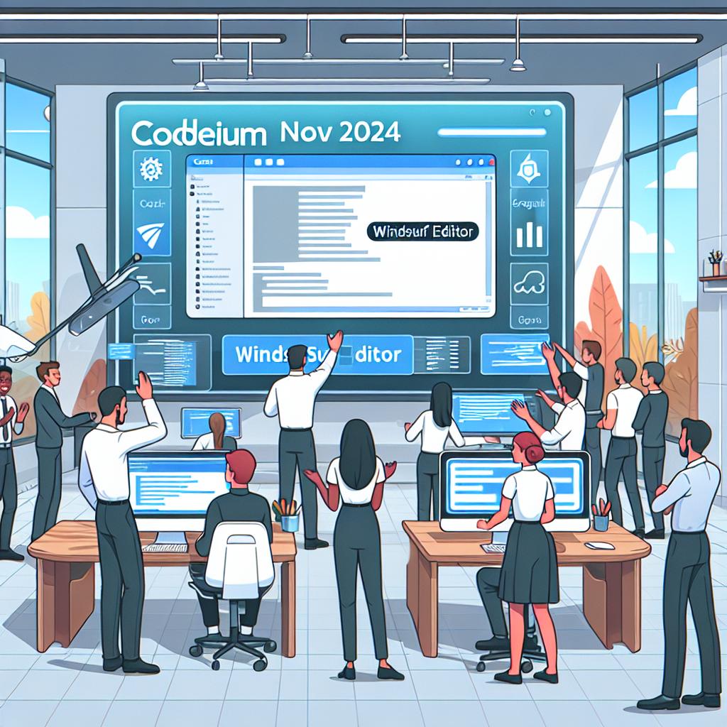 Illustrate an image from November 2024, where the software development company Codeium launches Windsurf Editor, a cutting-edge IDE platform. The scene includes enthusiastic software developers of diverse descents and genders interacting with the new technology in a modern office environment. Computers are present in the scene, symbolizing the embrace of new technologies. Additionally, screens are displaying the new interface of Windsurf Editor, highlighting its functionalities. The office is adorned with modern decor, signifying innovation. The image's style is flat and corporate, using a 2D, linear perspective. The background is white, textureless, providing a clean slate for the animated scene to unfold.