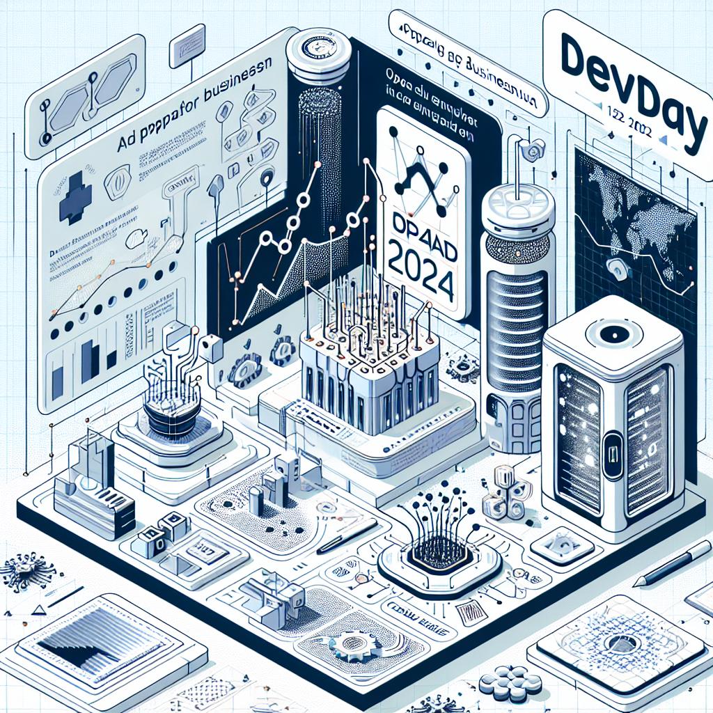 Create a vector-style flat corporate image representing the DevDay 2024 conference held on October 2nd, where OpenAI showcased four major updates to its artificial intelligence tools. Focus on appealing to developers and businesses, showcasing a significant shift in the company's approach to a competitive AI landscape. The image should be set in 2D, linear perspective, and feature a texture-less white background. Key elements to include: The OpenAI logo, representing the brand's commitment to technology; intricate digital circuits, symbolizing innovation; and growth charts, indicating the new tools' impact potential. This scene should contain futuristic elements reflecting the advanced nature of the event.