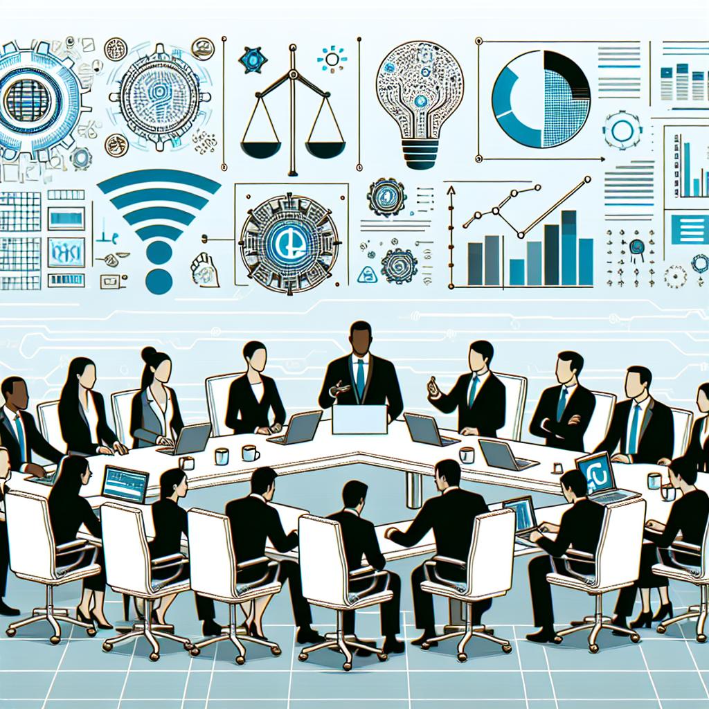 Create an image incorporating a vector-style, flat, corporate aesthetic using a 2D linear perspective. The image should have a white and textureless background. Depict ethical symbols representing the importance of responsibility in the use of artificial intelligence. It should also illustrate a diverse group of business leaders and academics (men and women, of Caucasian, Hispanic, Black, Middle-Eastern, and South Asian descent) collaborating and exchanging ideas around a conference table. The table should have graphs and data to emphasize the analysis of results and impacts. Also include a backdrop of various technology icons, contextualizing the use of AI in the business world.