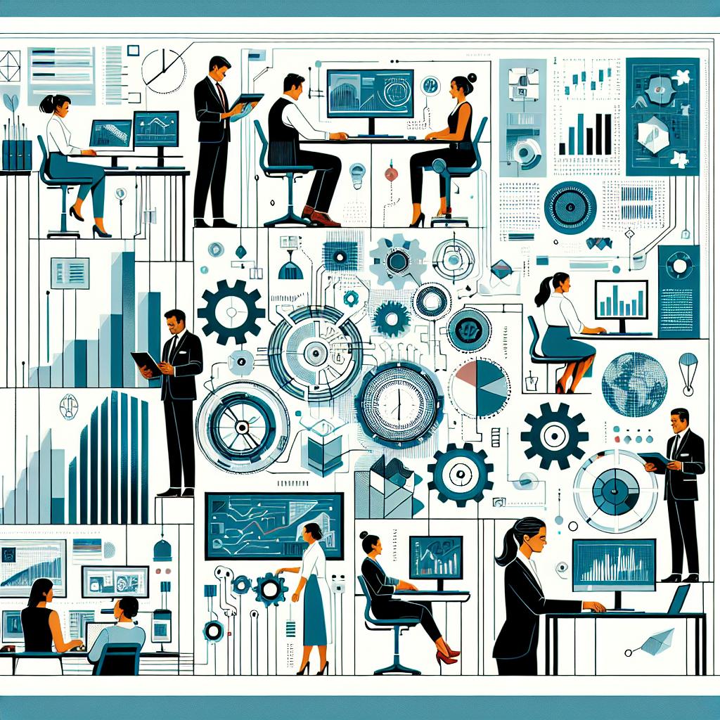 Create a vertical infrastructural image with a white, texture-less backdrop. The visual representation needs to be corporate and modern, in a 2D flat vector style. Rendered in the image is a contemporary office background that showcases modern day business infrastructure. Integrate elements such as data charts and electronic circuits to symbolize technological infusion in work processes. Illustrate a diverse set of workers—two Caucasian women at a workstation, an African man overlooking charts on a screen, and a South Asian woman analyzing data. Connect these segments with representations of AI tools. Emphasize efficiency and automation with a gear-integrated clock. Use a palette of blues and greens to convey a sense of technology and innovation.