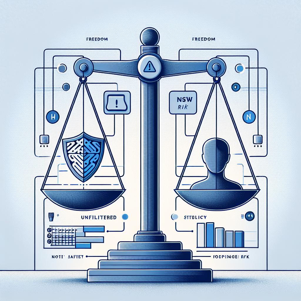 Create a 2D, linear illustration in a flat, corporate style. Depict a balance scale, emblematic of the duality between freedom and risk in the usage of unfiltered language models marked as NSFW (Not Safe for Work). The image should be set against a non-textured, white background. Include the following additional elements: an alert icon symbolising danger, a risk graph depicting statistics associated with the use of NSFW models, and an image of an individual reflecting on their choices that represent the necessity of responsible use of AI.