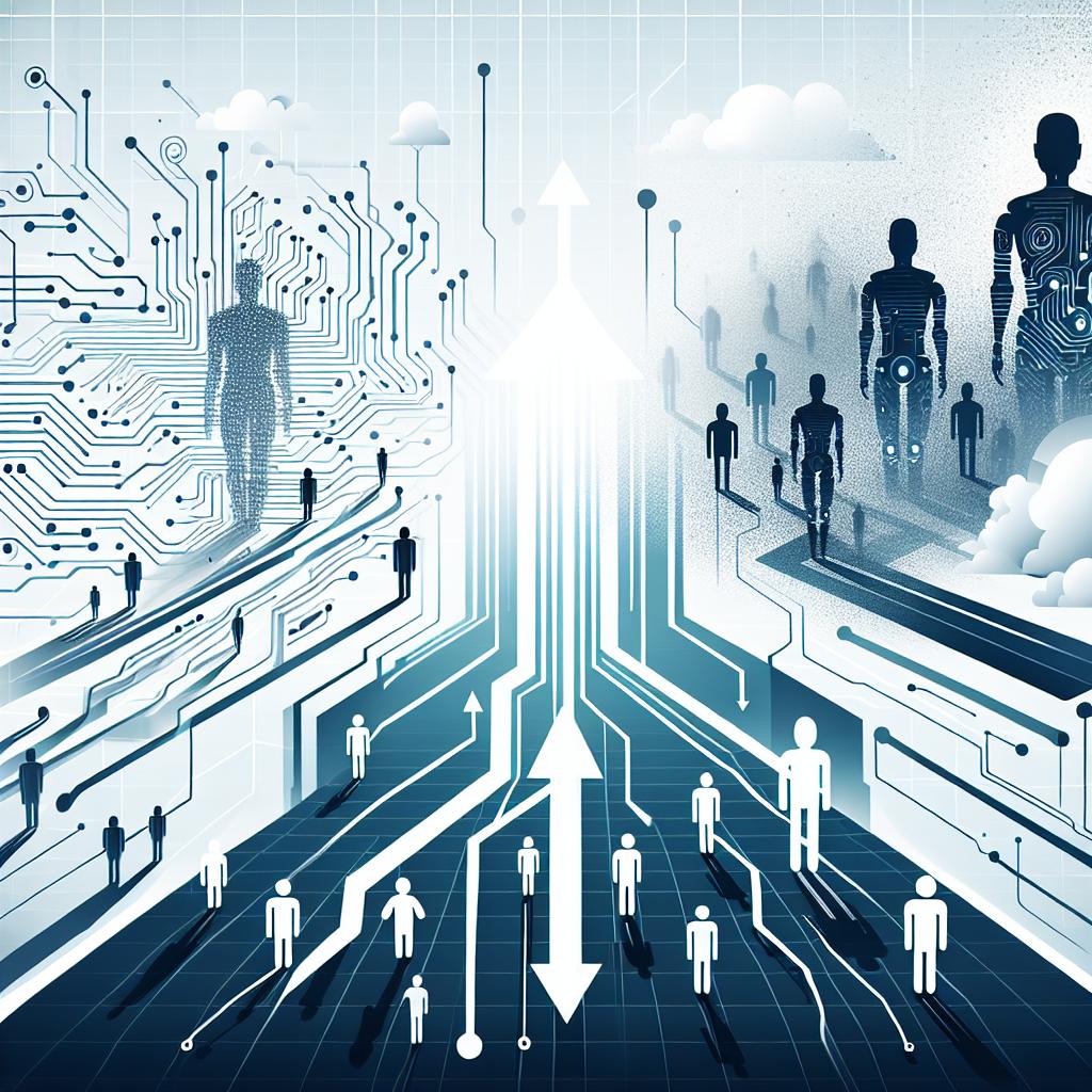 Create a futuristic illustration in a vectorial, flat and corporate style. The image should depict advanced technological elements in a two-dimensional, linear perspective with a plain white and textureless background. Incorporate design elements such as circuitry to symbolize the complexity of artificial intelligence development, shadows of robots to represent potential workforce substitution by AI, a nebulous background to signify future uncertainties and challenges, and upward arrows to reflect technological progress and evolution. The image should convey the concept of a journey towards Artificial General Intelligence.