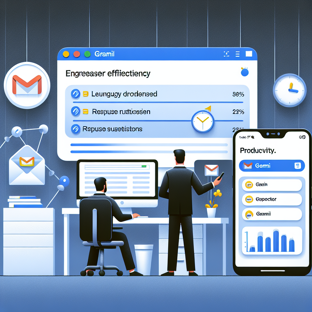 Create an image displaying a scene in a modern, organized office setting. The background should be flat, white, and textureless in 2D, linear perspective. One person is present, engaged in using a computer and a mobile phone. Both devices display Gmail's interface, highlighting the Gemini feature. On the computer screen, a lengthy email is being condensed, while the mobile device shows response suggestions. Additional elements include productivity graphs showcasing increased efficiency. The whole layout and color scheme should be smooth, professional, embodying a sense of modernity.