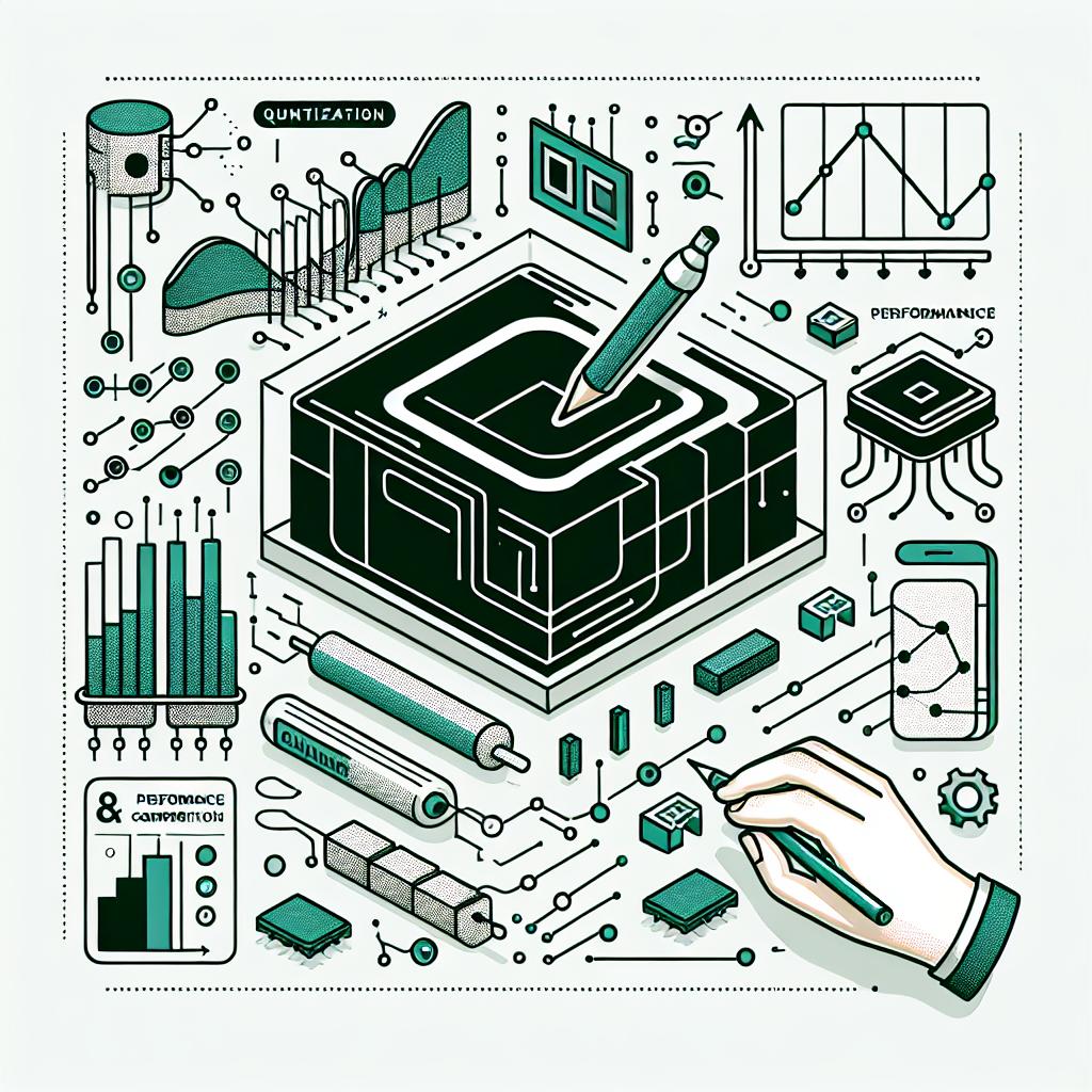 Create a 2D vector image in a flat, corporate style on a plain white background. The illustration signifies the quantization of machine learning models, featuring a performance comparison graph visualizing the improvements post-quantization. Additional elements in the scene include electronic circuits, symbolic of efficiency and technology, along with various data representations to visualize model size reduction. All this to illustrate a tutorial about quantization of 'Llama 3+' models, an essential technique to optimize large-scale languages like 'Llama', reducing computational and memory requirements without significantly compromising performance.