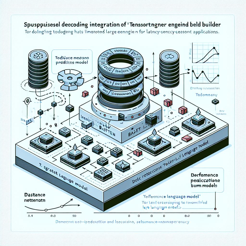 A corporate-style flat vector image in a 2D linear perspective against a white, textureless background. It's illustrating the speculated decoding integration of the TensorRT-LLM Engine Builder by Baseten. The main focus is a graphic representation showing the interaction between the efficient 'draft model' predicting tokens and the larger 'target model' responsible for complex token generation. Enhance the flow of the token generation process with arrows. Also, include performance graphs indicating the reduction in latency, emblematic of optimized large language models for latency-sensitive applications.