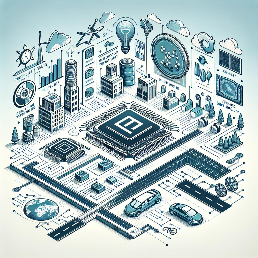 Create a 2D, vector-style corporate image set on a white, texture-less background. The image presents an interactive technology quiz scenario, with elements symbolizing main topics such as transistors and electric vehicles. In the foreground, portray nanosheet transistors, capturing the semiconductor technology innovations. Include electric vehicles, signifying future mobility. Add symbols associated with climate change, connecting technology with environmental concerns. Finally, illustrate growth charts suggesting the progression of technologies over the years. All elements should have a flat design, contributing to the overall linear perspective of the image.