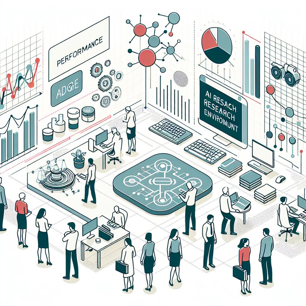 Illustrate an image in a 2D linear perspective that portrays an AI research environment on a white, textureless background. The style should be vector-based, flat, and corporate. The image should include elements such as performance graphs symbolizing the efficiency of AI models, depictions of edge devices reflecting practical applications of innovations, and a diverse team of people, each working collaboratively on the development of technology. The team should depict people of different descents and genders to represent inclusivity and diversity in a technological workspace.