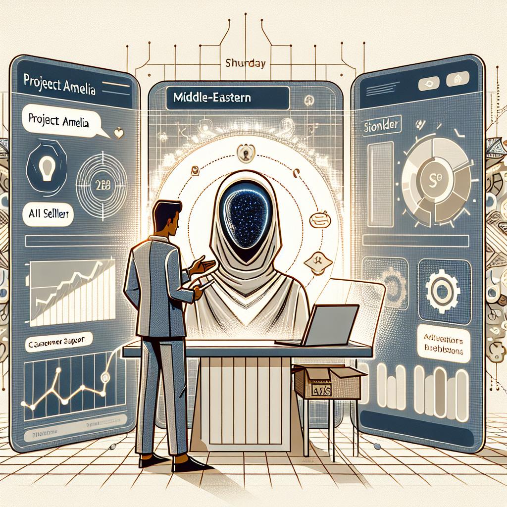 A flat, corporate style, vector illustration set on a white, untextured background. The image depicts a 2D, linear perspective of a Middle-Eastern seller, interacting with the AI assistant 'Amelia' within a digital environment. This illustrates the integration of technology in enhancing the sales and customer support experience. Additional elements include an advanced digital interface, symbolizing the cutting edge technology used, along with icons of metrics highlighting easy access to information. The setting is Thursday, October 16, 2024, which marks the launch of Project Amelia, aimed at assisting sellers in the United States to grow their businesses with real-time insights and problem-solving through the Seller Central platform.