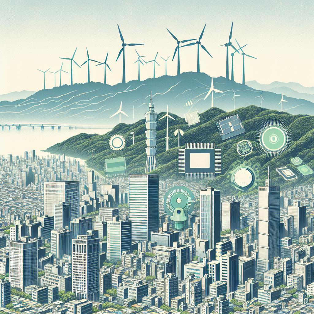 Create a flat, corporate style 2D image of a panorama of Taiwan with specific emphasis on green energy sources in an urban setting. The scene should depict landmarks such as wind turbines and solar panels integrated into the cityscape, symbolizing the country's transition to renewable energy. Adding to this, elements representative of the semiconductor industry, such as integrated circuits and microchips, should be subtly interspersed within the cityscape, emphasizing the importance of this industry to Taiwan. The backdrop should be a clear blue sky, which serves as a symbol of a sustainable future. All of this against a white and textureless background.