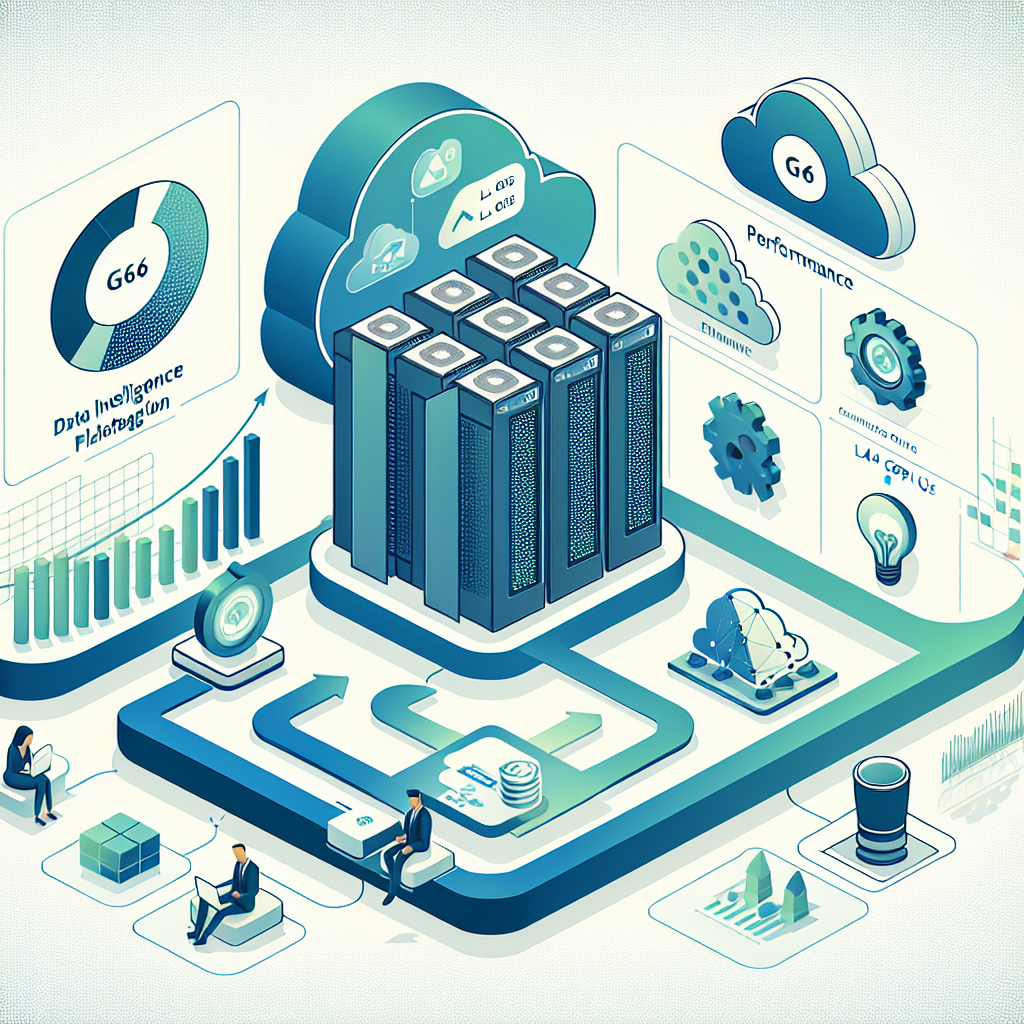 Create a flat vector-style corporate image that showcases the collaboration between a leading data intelligence platform and a renowned cloud services provider. The image should be in 2D with a linear perspective and feature the icons of G6 instances and their L4 GPUs. Additional elements should include performance charts indicating the superiority of the G6 instances, icons symbolizing artificial intelligence and machine learning applications. Logos of the mentioned data intelligence platform and cloud services provider should be depicted to underline the partnership. The choice of colors should lean towards blue and green to reflect the themes of technology and innovation, against a white, untextured background. A digital environment should subtly be suggested as the backdrop of the scene.