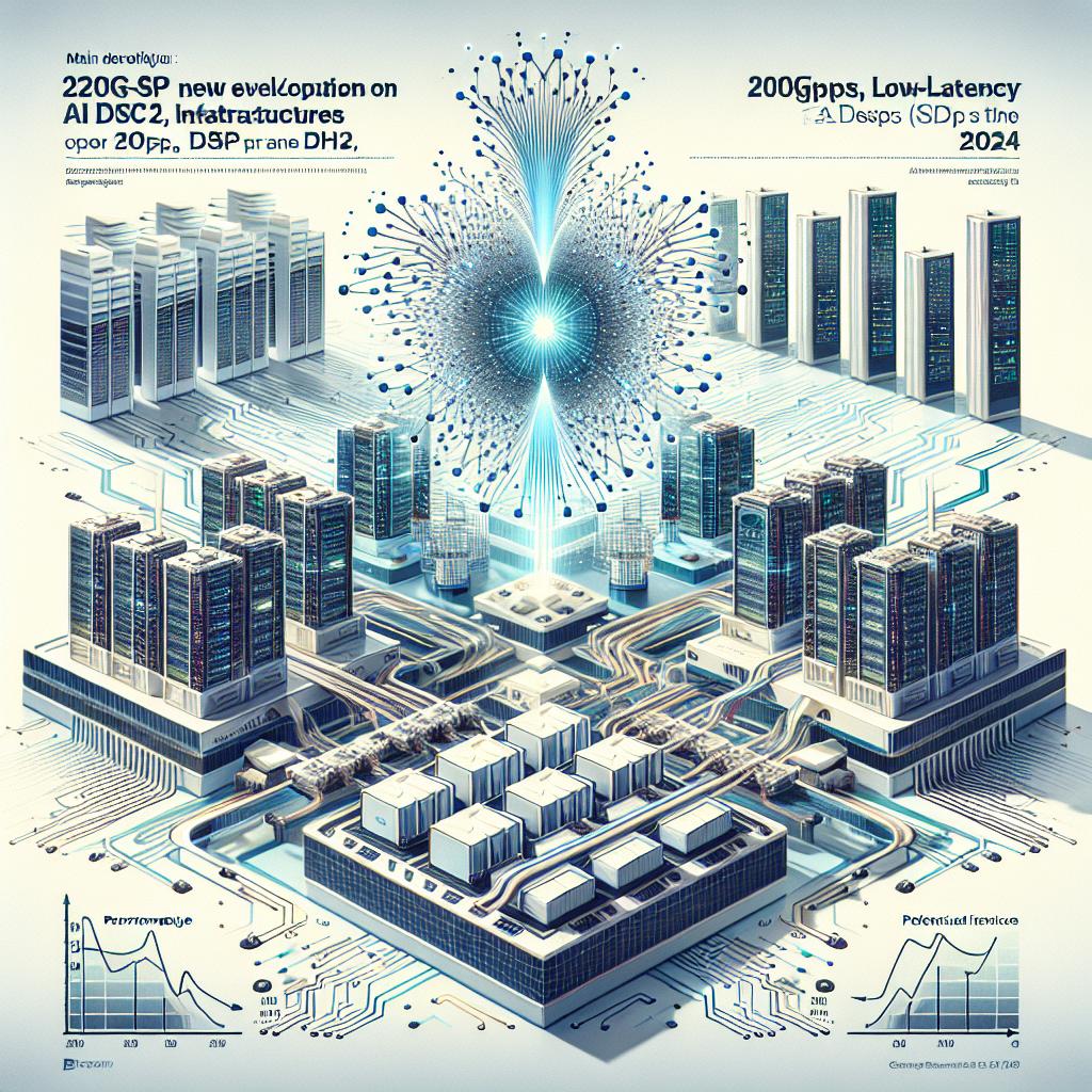 Create a 2-dimensional, corporate style vector image on a textureless white background, demonstrating the evolution of AI infrastructures. The main focus is on Broadcom's new DSP technology, the Sian2, a 200Gbps per lane DSP PHY, announced available as of September 23, 2024. This technology caters to the increasing AI infrastructure demands, enabling high-performance, low-latency connections for AI clusters. To illustrate this, show interconnected modern data centers, signifying the growing technological infrastructure. Include optical transceivers as key elements, symbolizing the new DSP technology. Represent energy efficiency and innovation with electrical circuits coursing through the scene. Add performance charts as part of the design to showcase the increase in processing capacity and speed.
