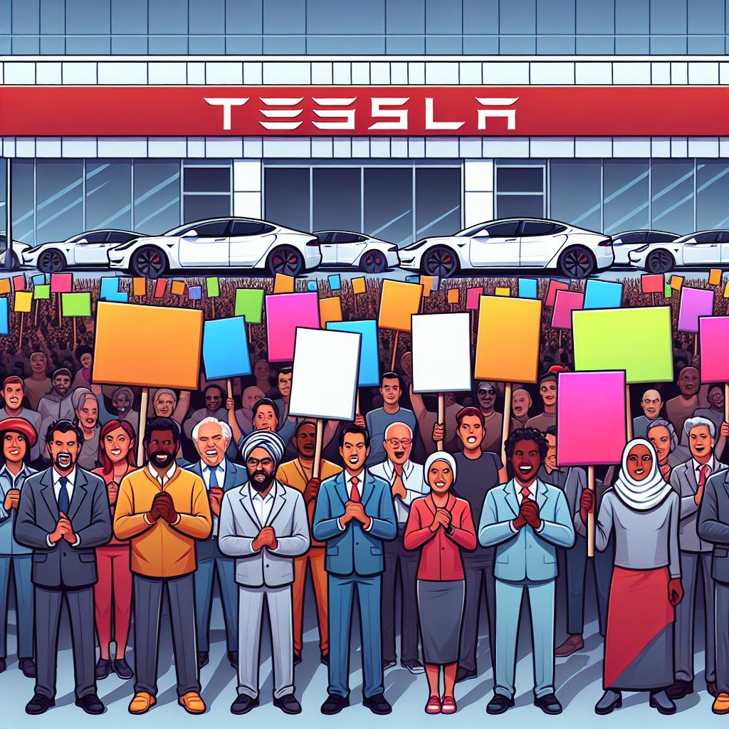 An illustration styled in vector art, featuring a 2D, linear perspective demonstration in front of a corporate Tesla store. The scene should contain a crowd, with both men and women of various descents like Hispanic, Caucasian, Black, Middle-Eastern, and South-Asian, holding brightly colored signs expressing dissatisfaction. On the background should be several white, texture-less Tesla electric vehicles symbolizing the focus on innovation. Use vibrant colors to draw attention and communicate the urgency of the situation.