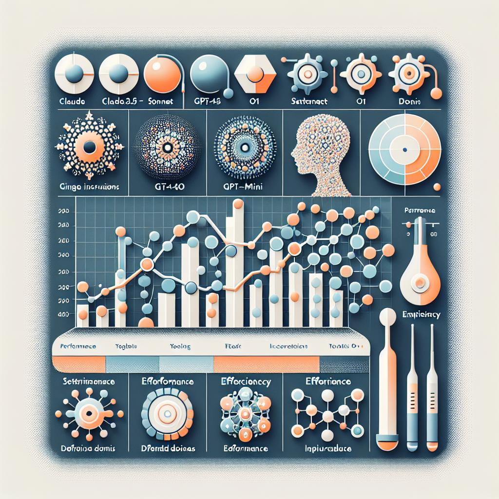 Create a 2D, vector-style, corporate image on a white, textureless background, representing a recent study investigating how an increase in instructions and tools available for a single ReAct agent impacts its performance. Include a performance chart comparing different AI models like claude-3.5-sonnet, gpt-4o, o1, and o3-mini across various task domains. Additionally, incorporate tool icons that represent the different tools used by the agents. Each model should be differentiated by distinct colors and efficiency symbols indicate a decrease in performance with an increase in domains. Lastly, include a subtle, abstract background pattern that doesn't distract but complements the primary visual message.